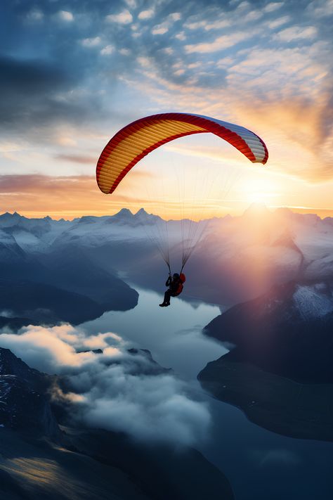 a person paragliding over mountains and a valley at sunrise, awe #paragliding #happyhabits #joy #experience Paragliding Aesthetic, Skydiving Aesthetic, Parachute Jumping, Motivational Photography, Experience Aesthetic, Sky Dive, Better Habits, Extreme Adventure, Hang Gliding