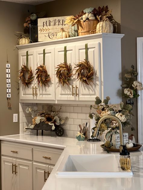 Thanksgiving Cabinet Decor, Fall Kitchen Cabinet Decor, Above Cabinet Fall Decor, Top Of Kitchen Cabinet Decor Fall, Fall Decor Above Kitchen Cabinets, Decorating Top Of Kitchen Cabinets, Pottery Barn Fall Decor, Top Of Cabinet Decor, Modern Home Entrance