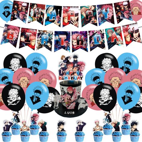 PRICES MAY VARY. 【Jujutsu Kaisen Party Package】:Jujutsu Kaisen party supplies including1Pc Happy Birthday banner,18Pcs latex balloons (3 types, 6 each) 12Pcs cupcakes and 1 big cake topper. 【Jujutsu Kaisen Party Favors】This party favor set can be a gift for birthday and Party Favors, it is also a good gift for fans who like Jujutsu Kaisen I believe they will be very happy and excited when they receive this gift. 【BEST GIFT FOR YOUR KID】This Jujutsu Kaisen Birthday Party supplies will make everyo Anime Theme Birthday Party, Jujutsu Kaisen Party Ideas, Jujutsu Kaisen Birthday Party Ideas, Anime Themed Birthday Party, Jjk Birthday, Anime Birthday Party Ideas, Jujutsu Kaisen Birthday, Anime Birthday Party, Balloons Cake