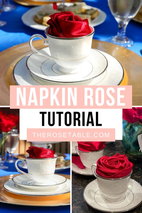 Here's how to style the quick and easy napkin roses seen at The Rose Table Disney Dinners: Beauty and the Beast Tea Napkin Folding Ideas For Tea Party, Disney Centerpieces Wedding Diy, Tea Party Napkins, Tea Party Napkin Folding Ideas, Pride And Prejudice Tea Party, Tea Party Centerpiece Ideas, Napkin Roses, Church Ladies Tea Party, Napkins Fold