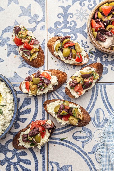 Olive Bruschetta with Greek Whipped Feta - NattEats Greek Food Photography Styling, Greek Style Food, Greek Starters, Greek Food Photography, Greek Moodboard, Whipped Feta Cheese, Olive Bruschetta, Aperitivo Bar, Ocean Kitchen