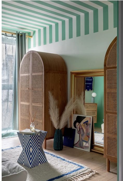 Striped Ceiling, Mediterranean Color Palette, London Townhouse, Studio Photos, Bedroom Images, London House, Blue Walls, Architectural Digest, New Builds