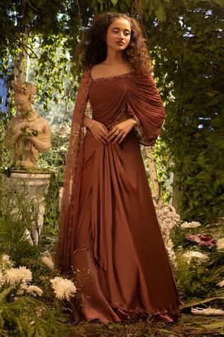 Draped Lehenga, Drape Lehenga, Lehenga Bridesmaid, Ruched Blouse, Lehenga Pattern, Orange Saree, Saree Gown, Brown Satin, Fire Mountain