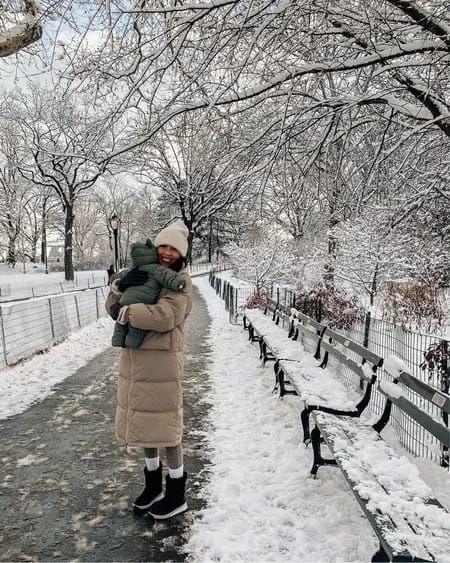 Winter coat ❄ beanie and baby snowsuit, winter outfit, snow outfits for women, snow aesthetic, snowsuit, Central Park, New York aesthetic, 2022 fashion trends | @prettyinthepines, New York City Lifestyle Blog #fashion #snow #outfits New York Winter Outfit Snow, Snowsuit Outfit Women, Baby Snow Outfit, New York Winter Outfit Cold Weather, Winter New York Outfits, Family Photoshoot Newborn, Winter Outfit Snow, Snow Coats, Snow Outfits For Women