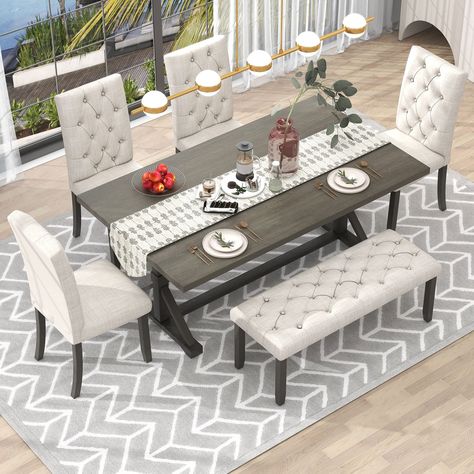 PRICES MAY VARY. [6-Piece Solid Wood Dining Set]: This 6-piece dining set bringstimeless refinement with a country touch to your dining room. This set includes one table, four dining chairs, and a bench in a beige finish that pairs well with any contemporary aesthetic. Whether hosting a dinner party with close friends or enjoying an everyday meal with the family, this 6-piece rubber wood solid wood dining set is a must-have for your home. [Durable Constructed Dining Table Set]: This dining table Farmhouse Dining Table Set, Kitchen Table Chairs, Kitchen Table Wood, Solid Wood Dining Set, Rectangle Dining Table, Kitchen Dining Sets, Kitchen Table Settings, Farmhouse Dining Table, Dining Table Set