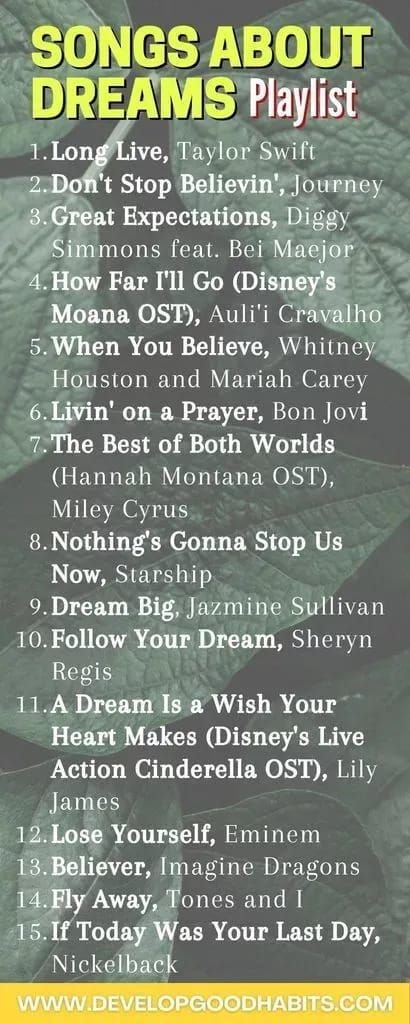 Songs about following your dreams. If you want to reach an "impossible" goal, don't let others hold you back. Things are only "impossible" until they are accomplished. See these songs about achieving your dreams (no matter what they are) to give you inspiration and motivation to chase and ultimately reach you goals. Dream The Impossible Dream, Happy Songs Playlist, Rich Garden, Empowering Songs, Song Lists, Positive Songs, Running Playlist, Following Your Dreams, Music List