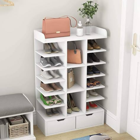 Amazon.com: Waktavel Free Standing Shoe Rack Organizer, Wooden White Vertical Shoe Rack with Drawer and Open Top, Space Saving Small Shoe Storage Stand for Entryway Hallway Bedroom (11" x 28" x 43") : Home & Kitchen Shoe Rack For Small Spaces, Shoe Rack Drawer, White Shoe Rack, Large Shoe Rack, Shoe Rack Ideas, Space Saving Shoe Rack, Vertical Shoe Rack, Modern Shoe Rack, Wood Shoe Storage