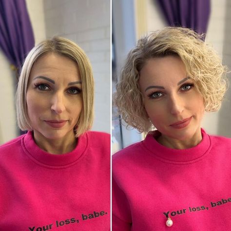 Short Bleach Blonde Hair Straight and Permed Permed Hair With Straight Bangs, Short Permed Hairstyles Over 50, Permed Bob Hairstyles Before And After, Modern Perm Short Hair, Loose Curl Perm Short Hair, Perming Short Hair, Body Perm Short Hair, Permed Pixie Hairstyles, Permed Hairstyles Short