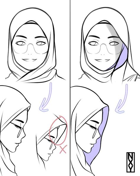 Hijab Styles Drawing, How To Draw Hajib, Hijab Fashion Drawing, How To Draw Hijab Step By Step, Hijabi Drawing Reference, Hijab Art Reference, Hijab Character Design, Headscarf Drawing, How To Draw A Hijab