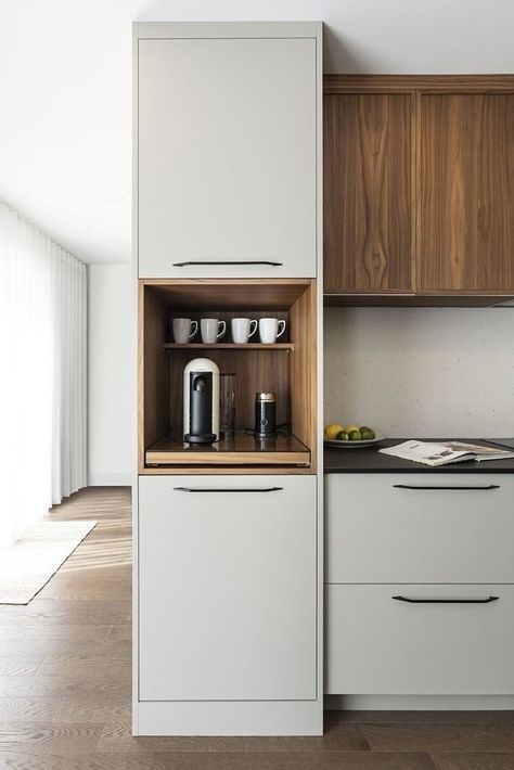 White Lower Cabinets, Model Dapur, Small Fridge, Lower Cabinets, Interior Dapur, Desain Pantry, Walnut Kitchen, Kabinet Dapur, Kitchen Interior Design Decor