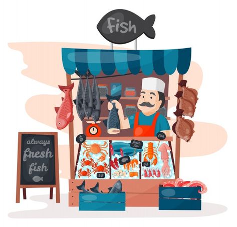 Retro fish street shop store market with... | Premium Vector #Freepik #vector #food #sale #people #man Shop Vector, Fish Shop, Interior Vintage, Retro Shop, Shop Illustration, Shop House Plans, Food Stall, Shop Front Design, Food Market