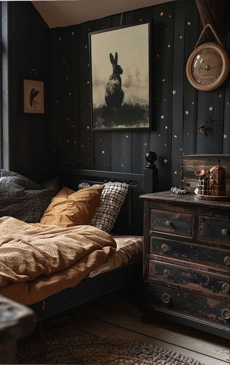 All Black Studio Apartment, Black Lime Wash Bedroom, Dark Medieval Bedroom, Modern Gothic Bedroom Ideas, Cottage Core Goth Aesthetic, Dark Fairytale Bedroom, Southern Gothic Bedroom Aesthetic, Goth Western Aesthetic Home, Dark Cottage Interiors