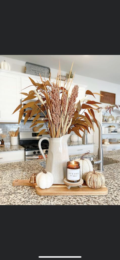 Fall Candle Decor Ideas, Fall Candle Decor, Decoration Buffet, Fall Lovers, Buffet Decor, Fall Mantle, Fall Kitchen Decor, White Pitcher, Kitchen Island Decor