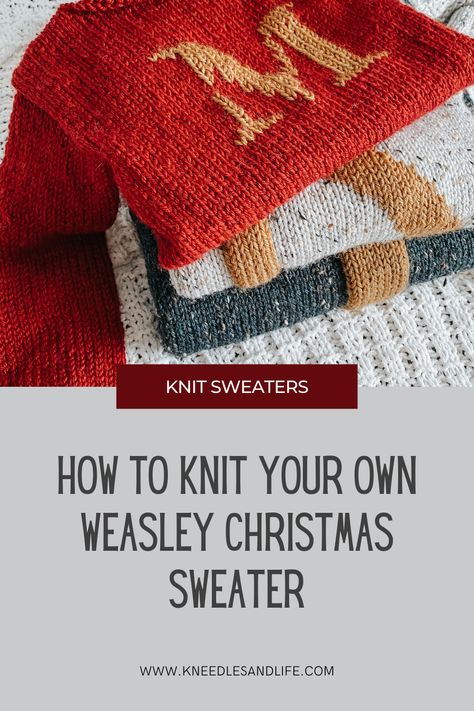 Knitting For Beginners Patterns Sweaters, Mrs Weasley Sweater Pattern, Knit Sweater Chunky, Interesting Knitting Patterns, Christmas Sweater Pattern Knitting, Diy Knit Sweater Pattern, Holiday Sweater Knitting Patterns, Knitting Projects Clothes, Knit Letters Pattern