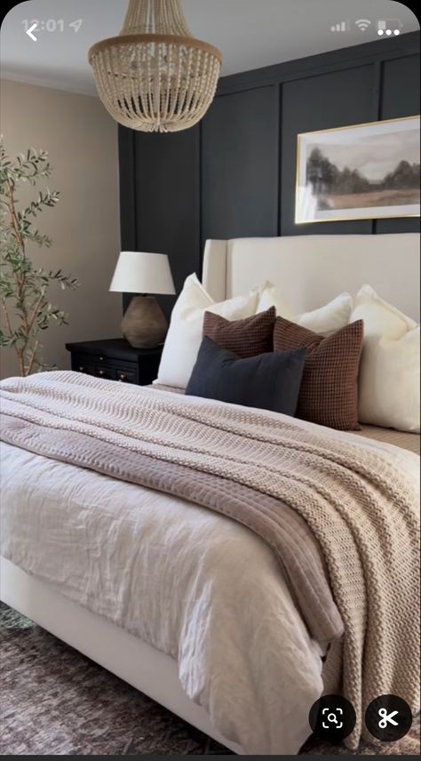 Dark Mauve Bedding, Cream Bed Dark Wall, Bedroom Decor Organic Modern, Bedroom Decor With Dark Floors, Blue Grey Brown Bedroom, Dark Board And Batten Wall Bedroom, Master Bedrooms Black Accent Wall, Small Bedroom Dark Furniture, Black Cream Bedroom Ideas