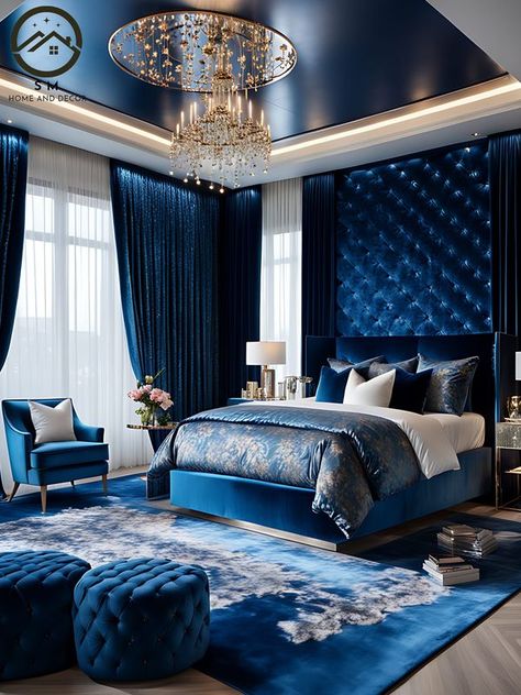 Royal Blue Bedrooms, Light Blue Bedroom, Dark Blue Bedrooms, Navy Blue Bedrooms, Pretty Bedroom, Bedroom Color Schemes, Bedroom Refresh, Decoration Inspiration, Blue Bedroom