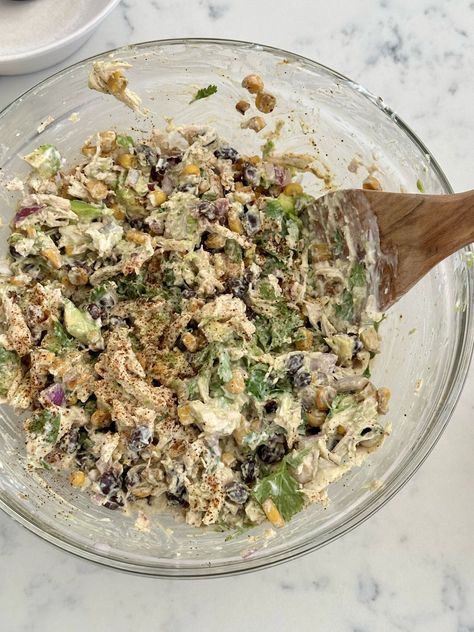 High Protein Southwest Chicken Salad - Katie Austin High Protein Chicken Salad, Classic Chicken Salad, Chicken Beans, Southwest Chicken Salad, Southwest Salad, Katie Austin, Rotisserie Chicken Salad, Southwest Chicken, Healthy High Protein Meals