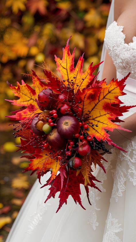 Maple Leaf-Inspired Bouquets: Unique Fall Wedding Ideas Fall Themed Wedding Bouquets, Autumnal Flowers Wedding, Fall Leaf Bouquet, Fall Leaves Bouquet, Wedding Bouquet Fall Colors, Waterfall Bouquet Wedding, Burgundy And Burnt Orange Wedding, Flower Arrangements Autumn, Wedding Decorations Autumn