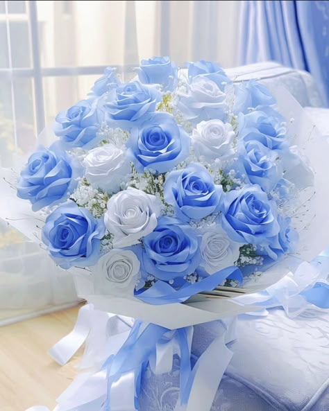 Aesthetic Wedding Bouquet Blue, Pastel Blue Aesthetic Flowers, Blue Roses Aesthetic Wallpaper, Pretty Blue Flowers Aesthetic, Blue Roses Bouquet Aesthetic, Light Blue Roses, Luxury Flower Bouquets, Roses Art, Beautiful Flowers Images