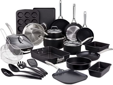 Black Kitchen Pots And Pans, Black Pots And Pans Set, Pots And Pan Set, Black Pots And Pans, Minneapolis Downtown, Downtown Condo, Kitchen Essentials List, Kitchen Decor Collections, Tasty Dessert