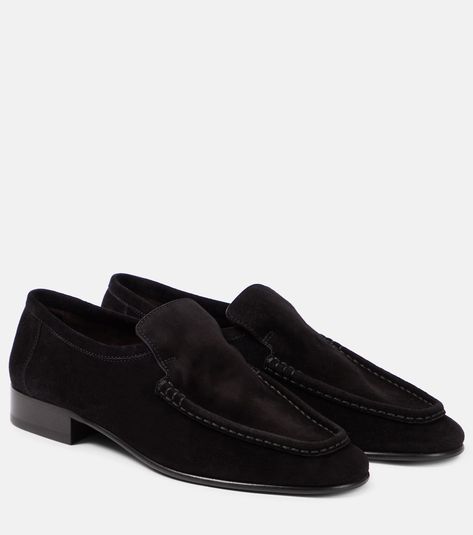 New Soft suede loafers in black - The Row | Mytheresa Soft Loafers, Class Outfits, Black Suede Loafers, Luxury Outerwear, Shoe Wishlist, Suede Loafers, Goat Leather, Soft Suede, Shoe Box