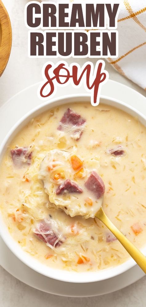 This delicious Creamy Reuben Soup is everything you love about a classic Reuben sandwich but in a hearty, creamy and comforting soup! Creamy Reuben Soup, Reuben Soup, Corned Beef Soup, Classic Reuben Sandwich, Comforting Soup, Reuben Sandwich, Homemade Soup Recipe, Cooking Soup, Comfort Soup