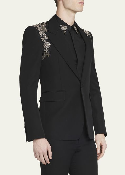 Find ALEXANDER MCQUEEN Embroidered Harness Tuxedo Jacket on Editorialist. Alexander McQueen tuxedo jacket with floral embroidered harness Peak lapels Singlebutton closure Hip flap pockets Fourbutton cuffs Center back vent Wool Dry clean Made in Italy Suit Harness Men, Alexander Mcqueen Suits Men, Met Gala Tuxedo, Wedding Jacket For Men, Embroidered Suit Men, Embroidered Wedding Suit, Alexander Mcqueen Suit, Embroided Suits, Unique Tuxedos