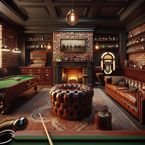 Step into a luxurious man cave with exposed brick walls, mahogany wood, and a vintage fireplace. Enjoy a game of pool, sip fine spirits at the bar, or relax on a plush, leather chesterfield sofa. With the soft light from antique lamps and classic tunes from a jukebox, this room exudes comfort and masculinity. 

#ManCave #HomeDecor #InteriorDesign #LuxuryHomes #VintageStyle #MasculineDecor. Gentlemen Man Cave, Gentleman’s Club Aesthetic, Vintage Game Room Ideas, At Home Speakeasy, Garage Speakeasy, Luxury Man Cave, Man Cave Ideas Room Small, Man Cave Ideas Room, Whisky Room