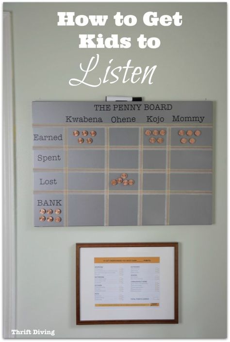 DIY behavior chart - How to Get Kids to Listen Using a system called The Penny Method - Here's how it works: Each day kids get 5 pennies. They must listen and have good behavior in order to keep their pennies to "buy" electronics time at the end of the day or to buy special treats. If they misbehave, they lose a penny. To earn back that penny (or get ungrounded) they must do a chore from the #COITchecklist. Great for getting kids to listen and limiting their screen time! Thrift Diving #AD Diy Behavior Chart, Child Discipline Chart, Discipline Chart, Limit Screen Time, Child Discipline, Child Behavior Chart, Penny Board, Behavior Chart, Kids Rewards