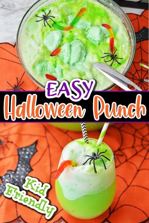 This easy Halloween punch is the perfect non-alcoholic punch recipe for all your Halloween celebrations! Festive and fun, it's a party drink that everyone will love! Green Sherbert Punch Halloween, Broccoli Halloween Food, Non Alcoholic Punch Recipes Halloween, Green Punch Halloween, Fall Halloween Party Food, Halloween Food Fruit, Kid Friendly Halloween Punch Recipes, Bug Juice Punch, Halloween Punch Sherbet