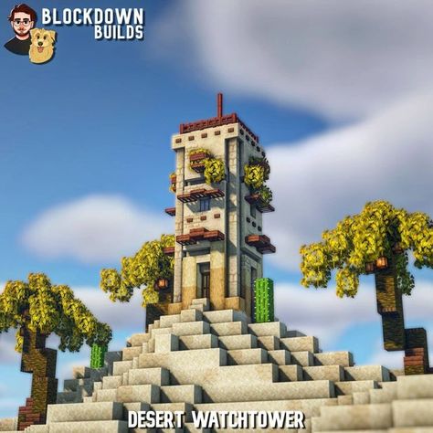 Minecraft Desert Building Ideas, Minecraft Building Ideas Desert, Minecraft Desert Village Remodel, Minecraft Watchtower Ideas, Minecraft Desert Builds, Minecraft Desert House, Minecraft Oasis, Minecraft Desert, Minecraft Village Ideas