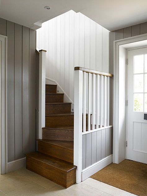 Vertical Shiplap Stairwell, Vertical Shiplap Staircase Wall, Simple Banister, Vertical Panelling, Curved Stairway, Cottage Staircase, Vertical Paneling, Farmhouse Staircase, Paneling Makeover