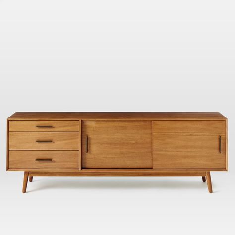 Mid-Century Media Console (80") | West Elm Mid Century Modern Buffet Cabinet, Mid Century Tv Unit, Mid Century Media Console, West Elm Mid Century, Mid Century Console, 60s Furniture, Maple Stain, Meja Tv, Tv Units