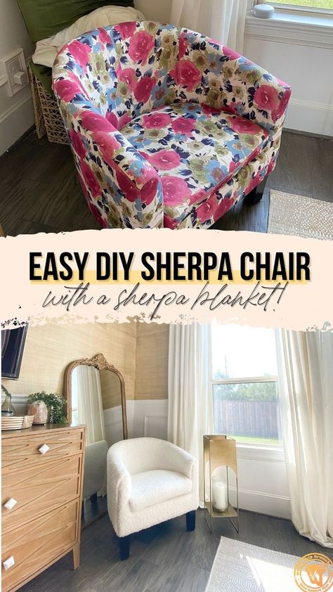 Ikea Chair Makeover, Reapolstering Chairs, Shearling Chair, Brunch Diy, Reupholster Chair Diy, Chair Flip, Sherpa Chair, Upholstered Chairs Diy, Chair Reupholstery