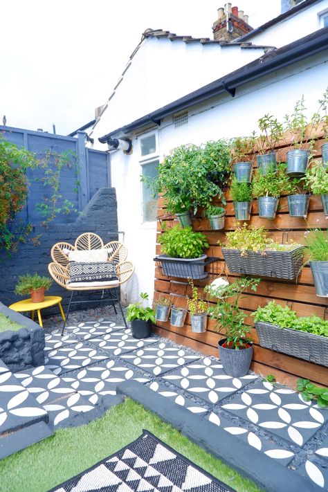 How to Plan & Complete a Garden Renovation - That's so Gemma Diy Terrace Ideas, Small Tiled Garden Ideas, Portugese Garden Ideas, Leftover Tiles Ideas Garden, Garden Patios, Terraced House Garden Backyards, Painted Brick Wall Garden, Small Terrace Garden Design, Garden Renovation