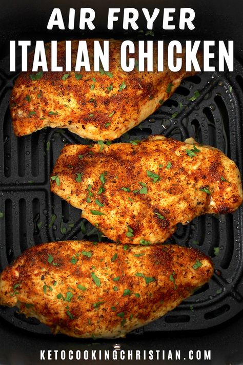 This delectable Air Fryer Italian Chicken recipe starts chicken perfectly seasoned with a zesty homemade Italian dressing mix. Cooked effortlessly in your air fryer until tender and juicy, your family will love it! #ketochicken #italianchicken #airfryerchicken Italian Chicken In Air Fryer, Italian Dressing Chicken Air Fryer, Good Seasons Italian Dressing Mix Recipe Chicken, Good Seasons Italian Chicken, Air Fryer Italian Chicken, Italian Dressing Marinated Chicken, Italian Seasoning Chicken, Chicken Breast Italian Dressing, Italian Chicken Breast Recipes