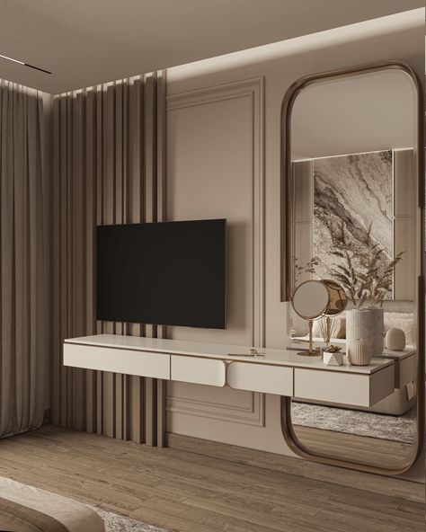 Master Bedroom :: Behance Tv Unit Panelling, Tv Ideas For Bedroom, Bedroom With Tv On Wall, Bed Rooms Design Modern Luxury, Bedroom Tv Unit Design, Tv Unit Bedroom, Bedroom Behance, Materials Board Interior Design, Bedroom Tv Wall