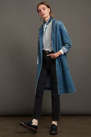 Petite Clothing for Women | Anthropologie Long Denim Coat Outfit, Denim Duster Outfits, Long Duster Outfit, Long Denim Jacket Outfit, Denim Coat Outfit, Duster Outfit, Denim Duster Coat, Long Denim Shirt, Long Denim Coat