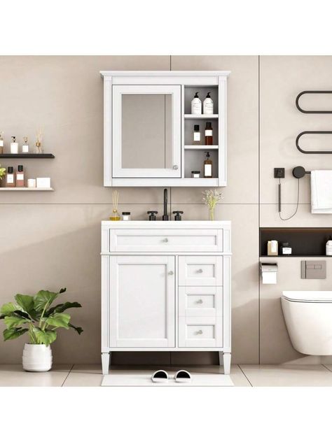 [ Independent bathroom vanity ] The unique pattern of the bathroom cabinet has extraordinary visual enjoyment under the illumination of the bathroom lamp. Sophisticated looks combined with functional construction will grace your bathroom. [ Mirror cabinet ] We have configured- a mirror cabinet for this modern designed bathroom vanity, which will save your time and effort in choosing the right mirror. And If you buy a complete set of bathroom cabinets and mirror cabinets, it can make your home dration style more unified and perfect. [ Multi-Purpose Cabinet & Concealed Storage ] Are you looking for stylish and functional storage solutions for your bathroom? Our bathroom vanity provide ample space for all your toiletries and bathroom essentials. The combination of the cabinet body and the dra Modern Bathroom Storage, 30 Bathroom Vanity, Bathroom Lamp, Concealed Storage, Freestanding Vanity, Ideal Bathrooms, Vanity Set With Mirror, Single Sink Bathroom, Bathroom Mirror Cabinet