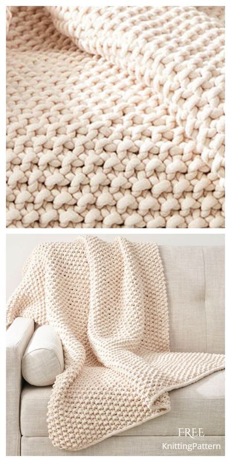 Knit Chunky Seed Stitch Throw Free Knitting Pattern Knit Throw Blanket Pattern, Chunky Knit Blanket Pattern, Knit Afghan Patterns, Chunky Crochet Blanket Pattern, Crochet Throw Pattern, Throw Blanket Pattern, Knitting Patterns Free Blanket, Chunky Knitting Patterns, Hemma Diy