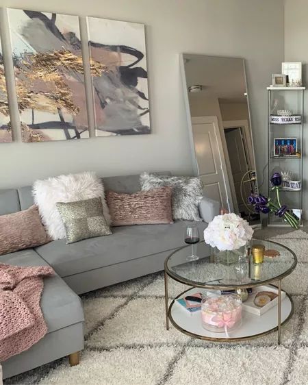 Cute Small Living Room Ideas Apartment, Rose Gold And Grey Living Room, Apartment With Pink Accents, Girl Apartment Decor Living Room Modern, Pink Accent Living Room Decor, Pink Grey White Gold Living Room, Cute Living Room Themes, Pink Grey And Black Living Room, Light Gray And Pink Living Room