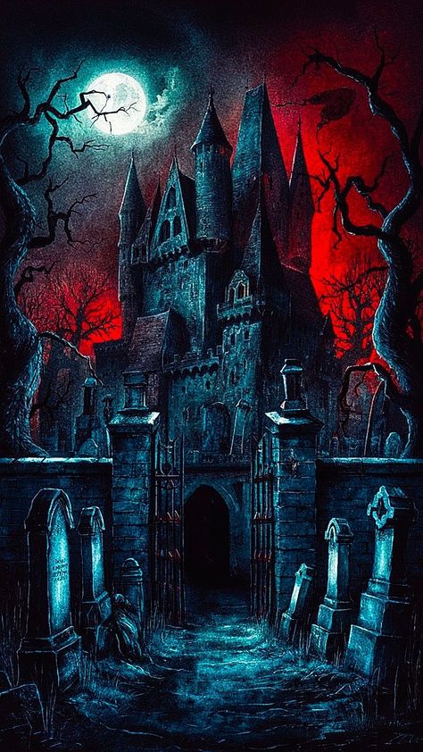 Vampire Castle Tattoo, Goth Architecture, Gothic Landscape, Cemetery Gates, Vampire Castle, Halloween Dollhouse, Diy Canvas Art Easy, Metal Songs, Glitter Wall Art