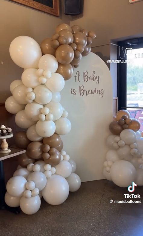 Coffee Themed Balloon Arch, Coffee Gender Reveal Ideas, Cafe Baby Shower Ideas, Coffee Theme Gender Reveal, A Baby Is Brewing Coffee Theme, Starbucks Baby Shower Ideas, Coffee Bean Baby Shower Ideas, Baby Brewing Shower Ideas Coffee, A Baby Is Brewing Coffee Baby Shower Ideas