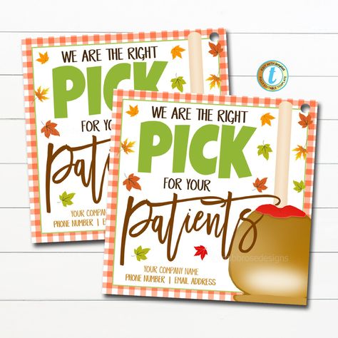 "Caramel Apple Referral Gift Tags - we are the right pick for your patients!  These referral caramel apple gift tags are great to use for business marketing needs - works great for fall and Thanksgiving Gifts!   TEMPLATE FORMATTED SIZES: 3.5\" x 3.5\" (Tag) *print multiple tags (6 per sheet) by going to download - pdf - click on 'save paper' IMPORTANT: This is a DIY self-editing digital, printable product - I do not edit this file for you.  However, I do offer editing services at an extra charge Referral Goodie Bags, Thanksgiving Sales Ideas, Thanksgiving Marketing Gifts, Fall Sales Blitz Ideas, Fall Popby Ideas Real Estates, November Pop By Ideas Real Estate, Thanksgiving Referral Gifts Marketing, Cute Marketing Ideas, November Marketing Ideas