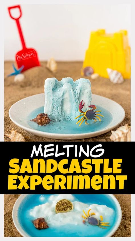 Just because it's summertime doesn't mean the learning has to stop. In fact, now is the time to incorporate lots of fun, engaging summer activities for kids! This sandcastle activities allow toddler, preschool, pre-k, kindergarten, first grade, and 2nd graders to learn some summer science. Include this baking soda and vinegar experiment in your upcoming beach theme for an outrageoulsy fun kids activity. Fun Summer Daycare Activities, Summer Time Activities For Preschoolers, Preschool Summer Science Activities, Preschool Sand Activities, Beach Ball Activities For Preschool, Beach Homeschool Ideas, Sandcastle Art Preschool, Seaside Activities For Kids, Beach Stem Activities For Kids