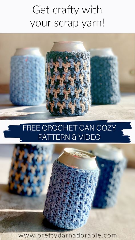 Can Cozy Crochet, Crochet Can Cozy, Crochet Koozie, Cup Cozy Crochet Pattern, Crochet Projects To Sell, Crochet Craft Fair, Reverse Single Crochet, Can Cozy, Crochet Mug Cozy