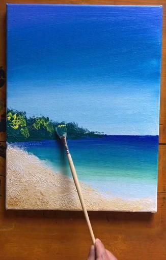 Ocean And Sand Painting, Nature Art Painting Acrylic Easy, Beach Drawing Acrylic, Nature Canvas Painting Easy, Beach Landscape Painting Easy, Beach Canvas Painting Easy, How To Paint An Ocean Scene, Beach Drawing Tutorial, Drawing Ideas Nature Easy