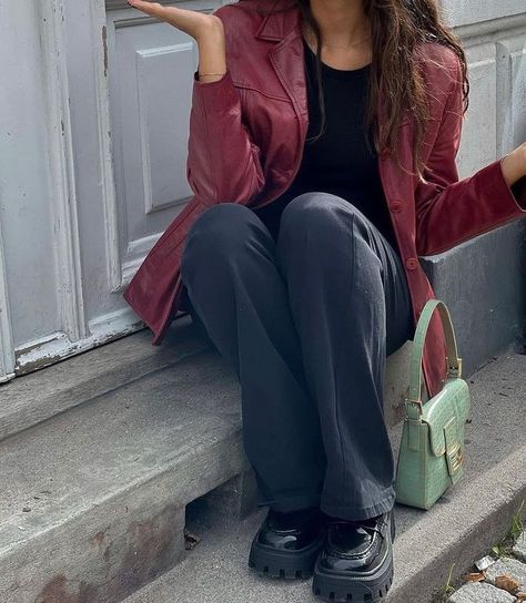 Red Leather Jacket Outfit, Red Jacket Outfit, Leather Coat Outfit, Womens Leather Jacket Outfit, Red Leather Coat, Jacket Outfit Women, Fendi Bag, Leather Jacket Outfits, Winter Fits