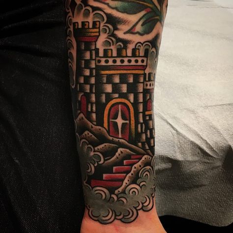 Tattoo uploaded by Tattoodo | Castle tattoo by Paul Dobleman #PaulDobleman #architecturetattoos #color #traditional #castle #building #tower #clouds #coincloud #star #mountain #medieval #stairway #stairs #tattoooftheday | 485405 | Tattoodo Castle Sleeve Tattoo, Traditional Castle Tattoo, Paul Dobleman, Traditional Tattoo Arm, Building Tattoo, Tattoo Sleeve Filler, Traditional Tattoo Old School, Castle Tattoo, Medieval Tattoo