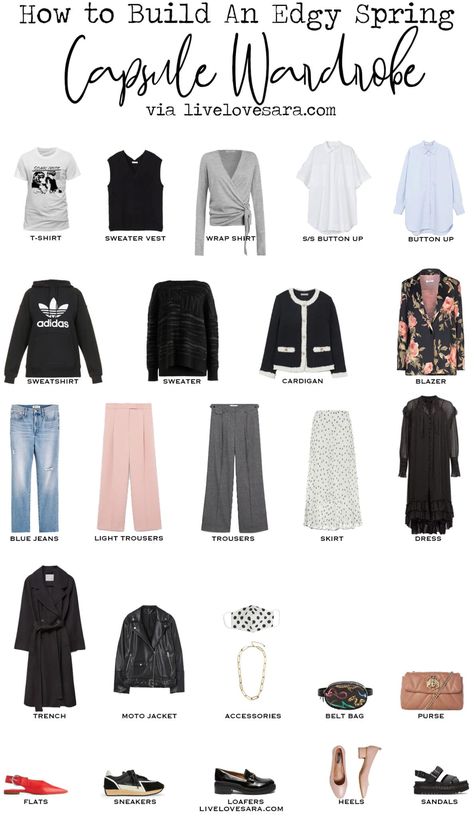 How to Build an Edgy Capsule Wardrobe for Spring - livelovesara Edgy Capsule Wardrobe, Closet Minimalista, Edgy Wardrobe, Simple Spring Outfits, Casual Edgy, Capsule Wardrobe Essentials, Wardrobe Capsule, 90s Fashion Grunge, Spring Capsule